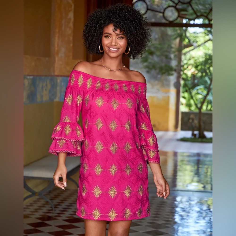 NWT Pink Off-Shoulder Dress with Gold Embroidery